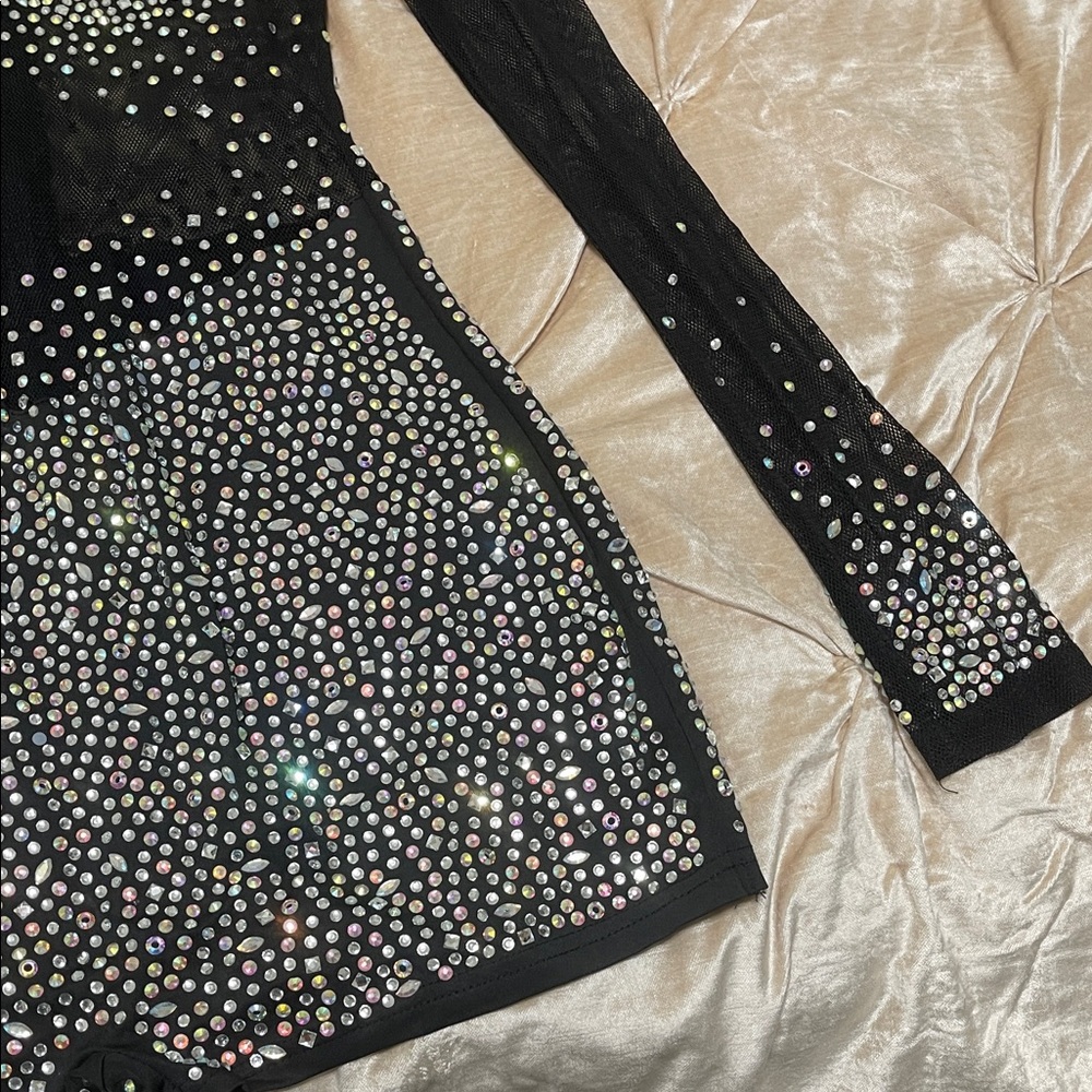 Black fishnet Rhinestone Embellished Long Sleeve Romper (watchale … Too HOTT!) - Picture 3 of 9